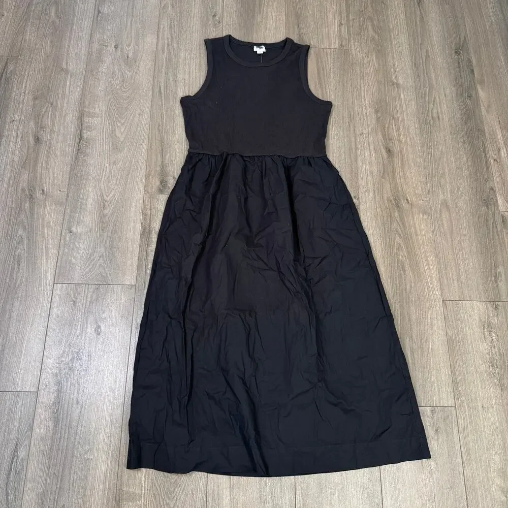 J.Crew Ribbed-Knit Mixy Dress Womens M Black Sleeveless Crew Neck Stretch Midi